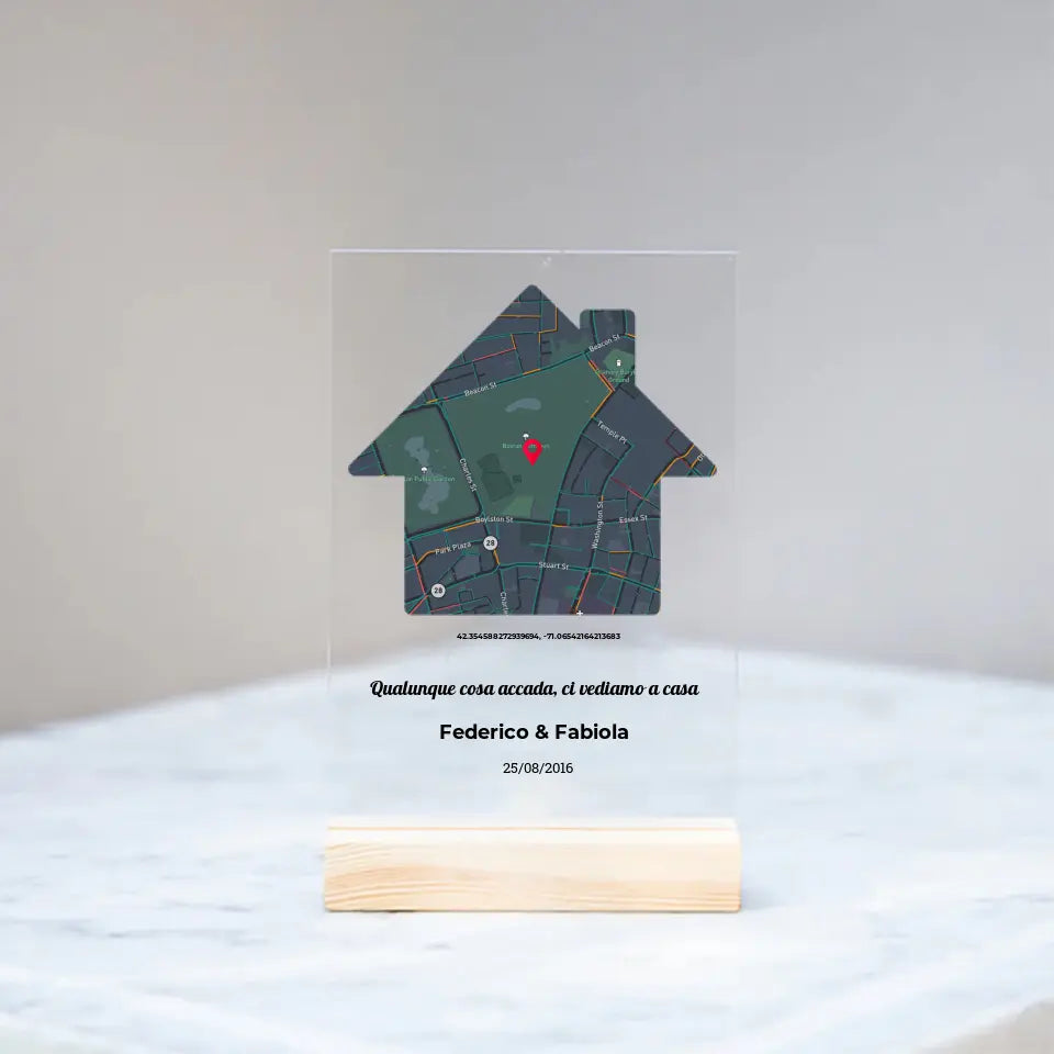 Targa con base in legno e mappa casa personalizzabile 10cm x 15cm