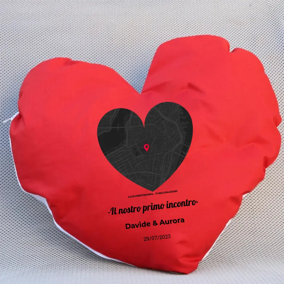 Cuscino a forma di cuore rosso 35cm x 35cm con mappa cuore personalizzabile