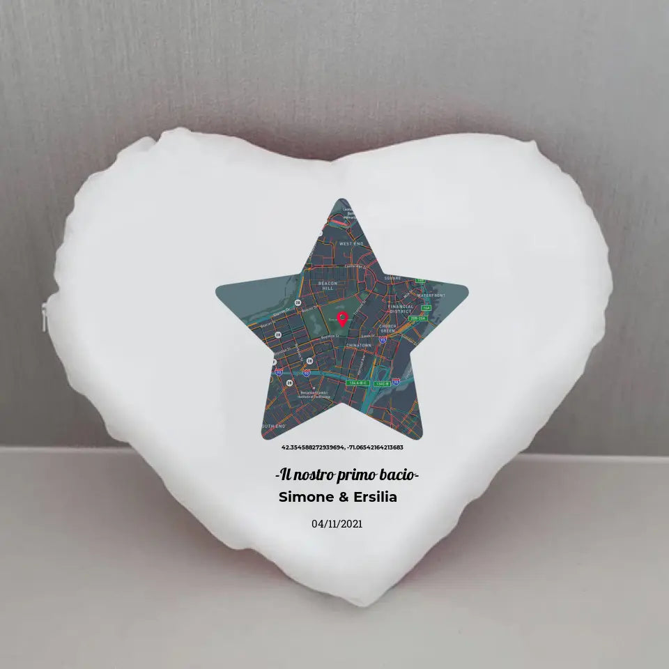 Cuscino a forma di cuore 35x35cm con mappa stella personalizzabile