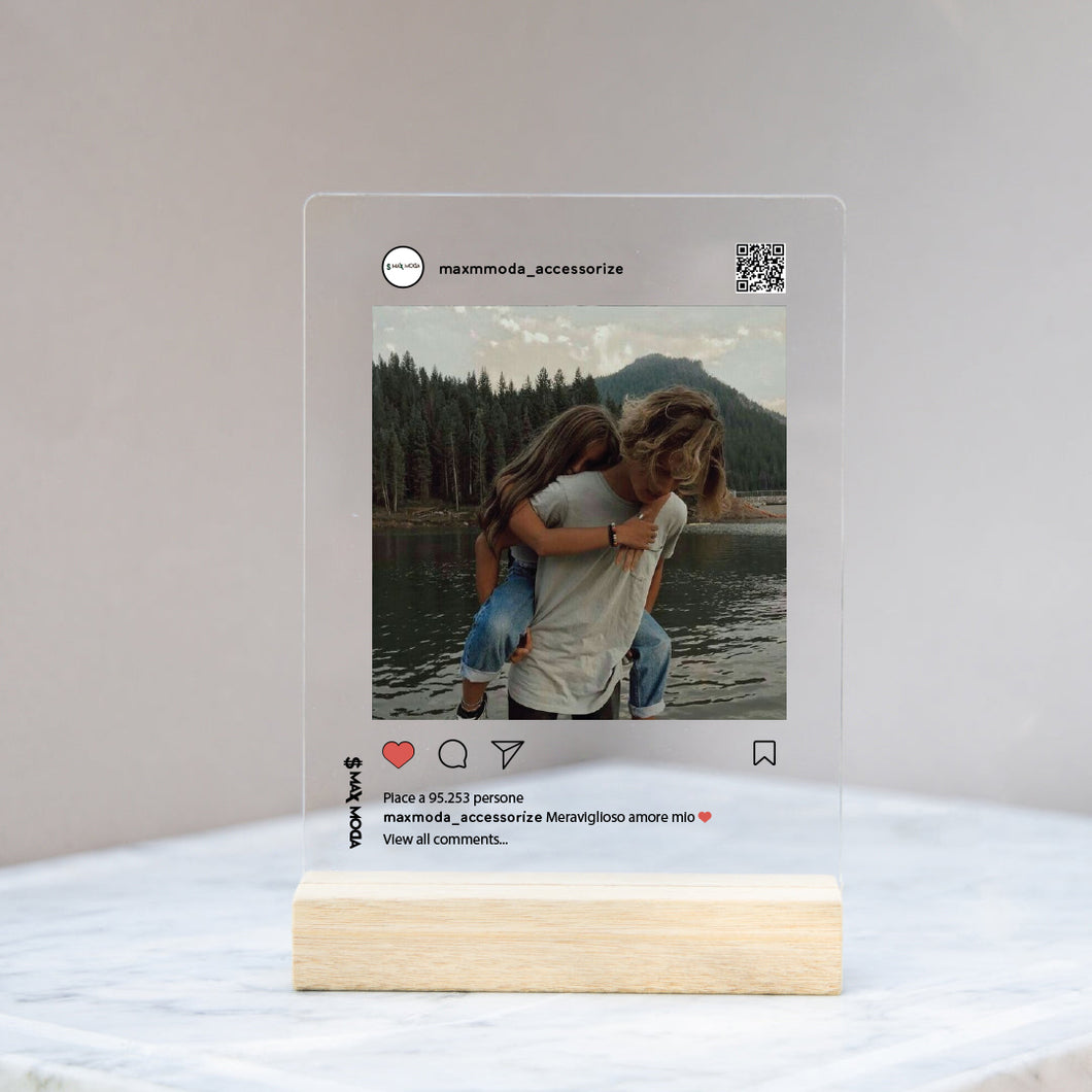 Targa Instagram personalizzabile con base in legno 15cm x 20cm