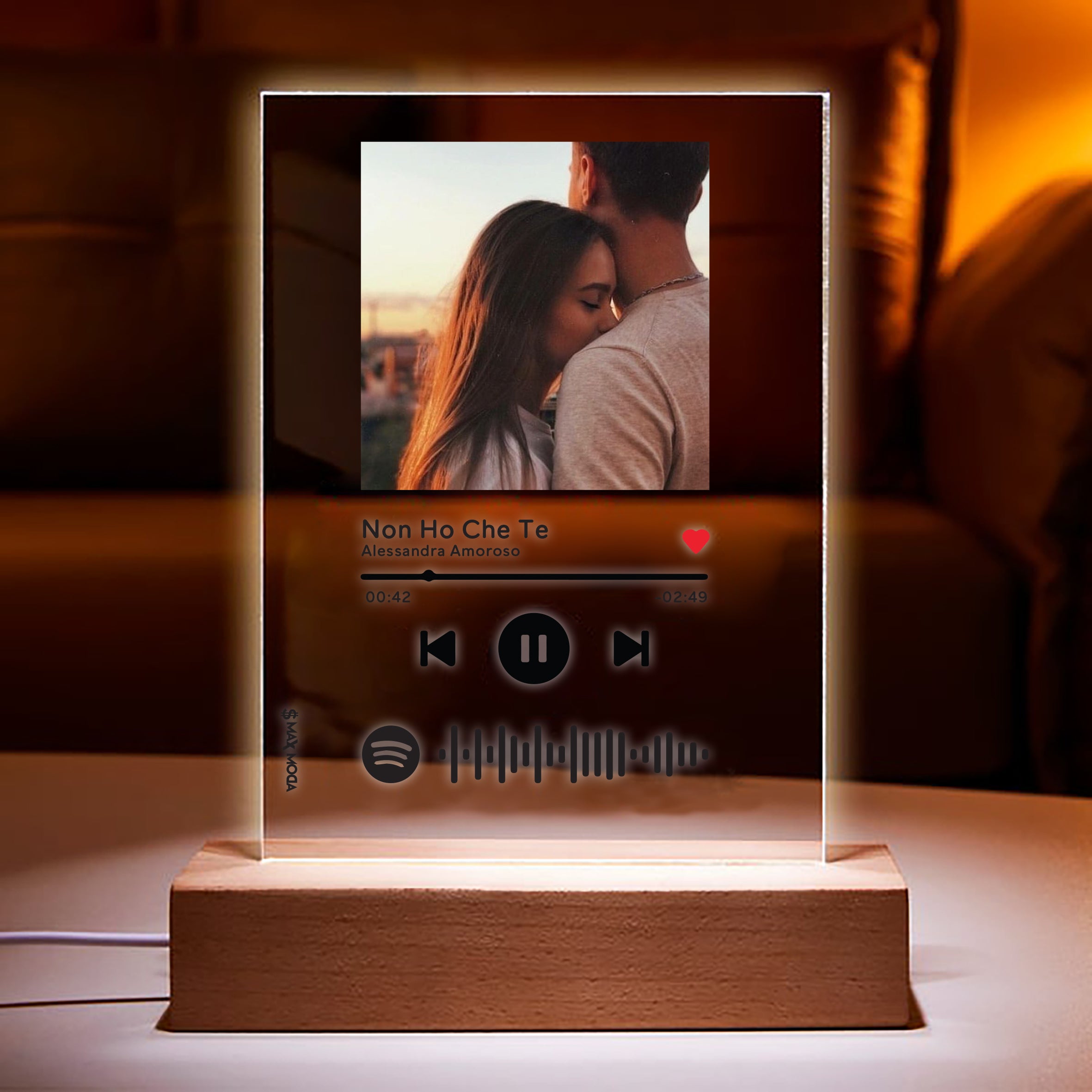 Targa con base in legno a led e codice spotify con foto personalizzabi –