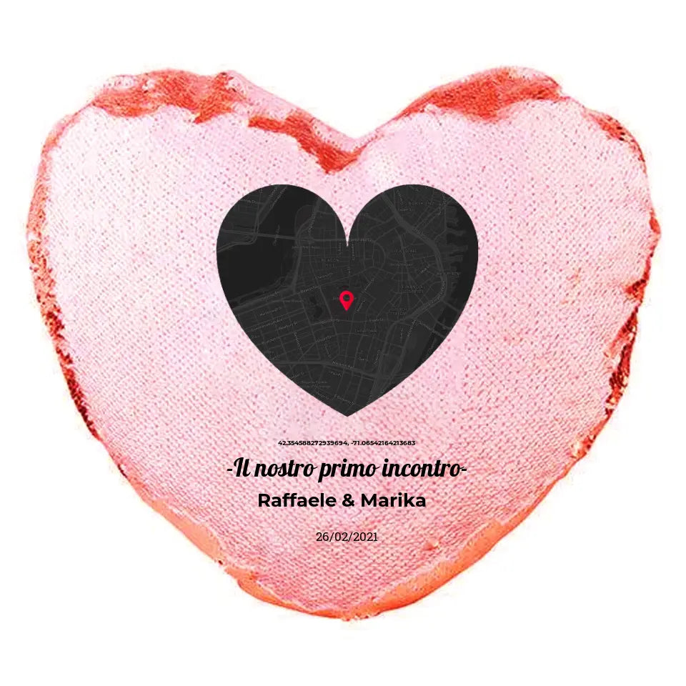 Cuscino Pailletes Rosso a forma di cuore con mappa a cuore personalizzabile
