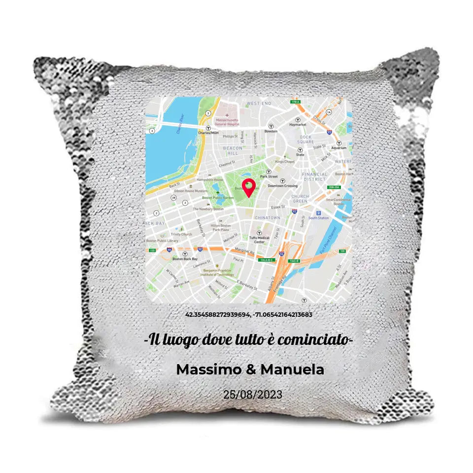 Cuscino Pailletes Silver con mappa personalizzabile
