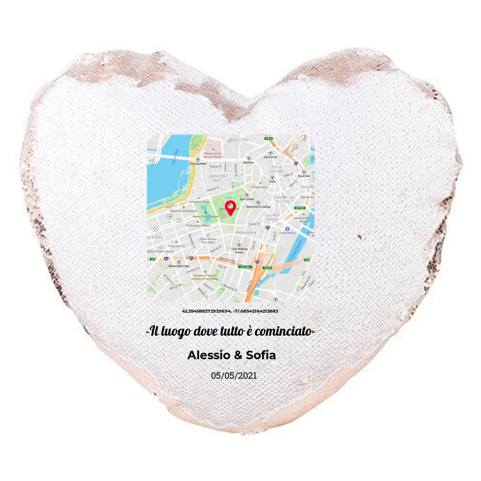Cuscino Pailletes Silver a forma di cuore con mappa personalizzabile