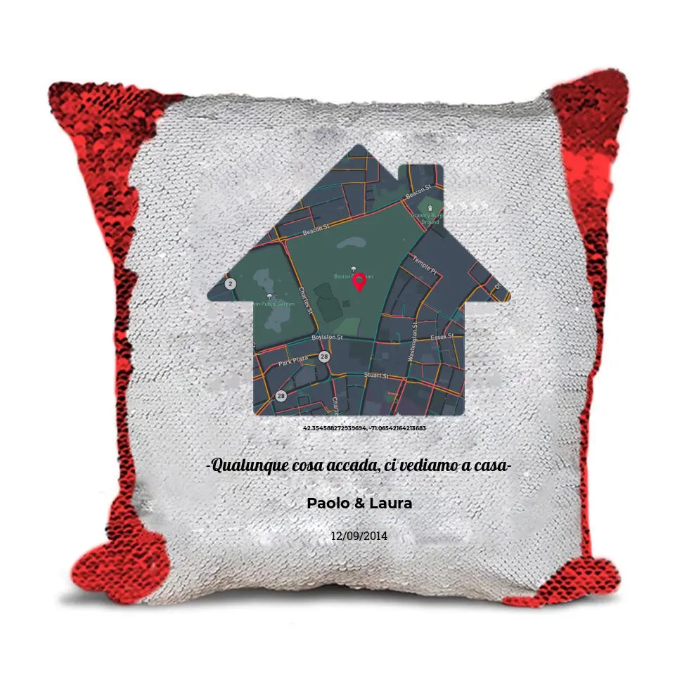 Cuscino Pailletes Rosso con mappa casa personalizzabile