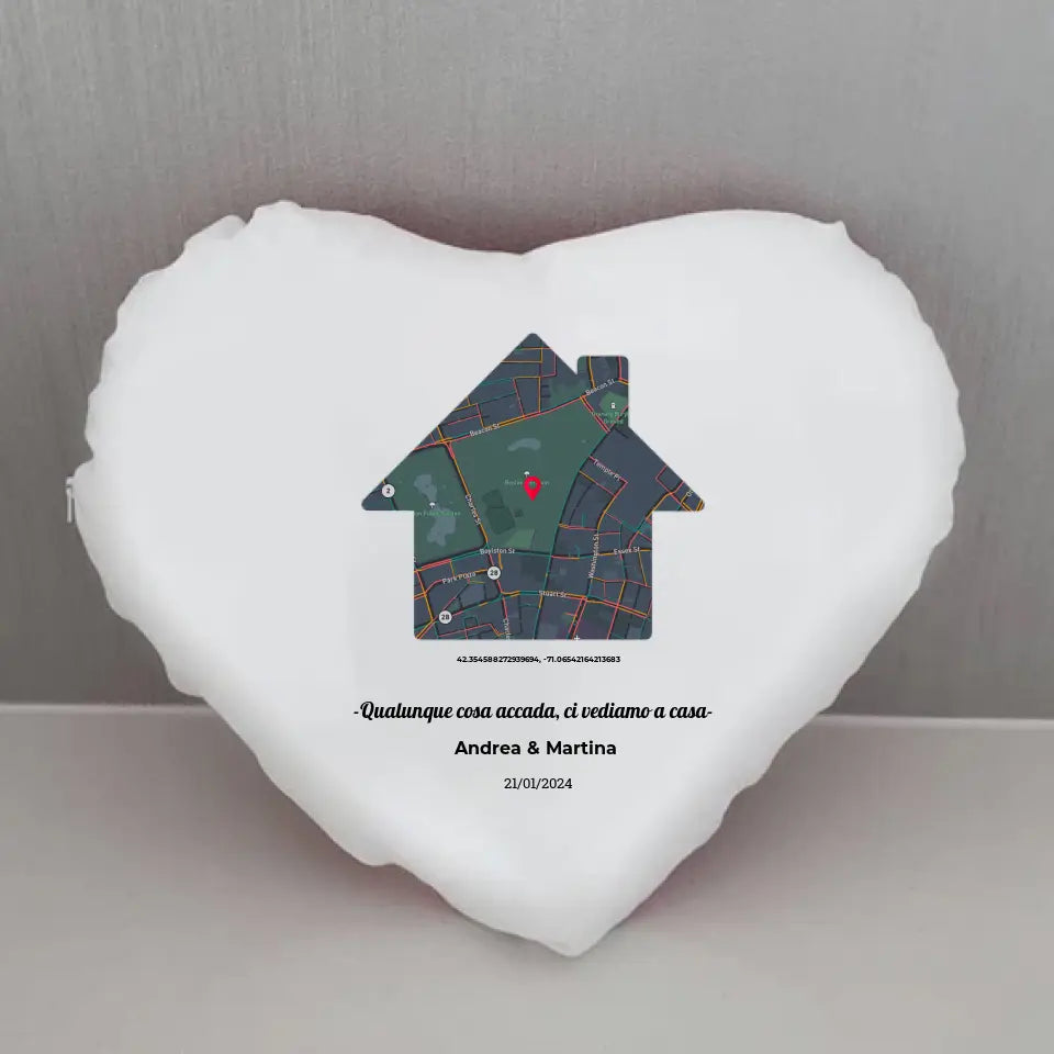 Cuscino a forma di cuore 35x35cm con mappa casa personalizzabile