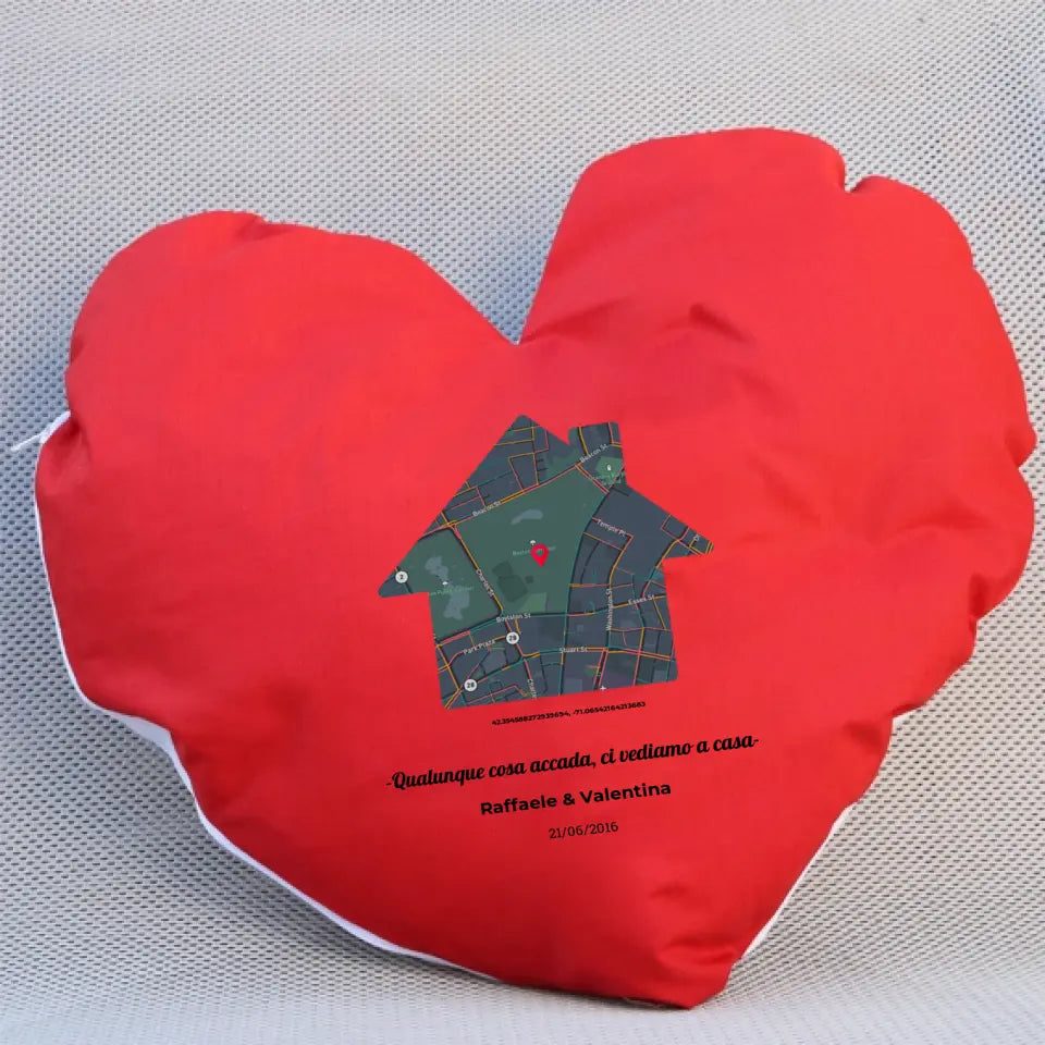 Cuscino a forma di cuore rosso 35cm x 35cm e mappa casa personalizzabile