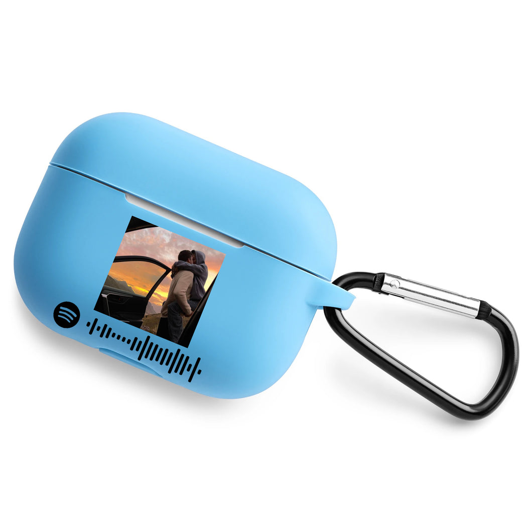 Custodia Azzurra Protection Airpods pro con gancio con codice spotify e foto personalizzabile
