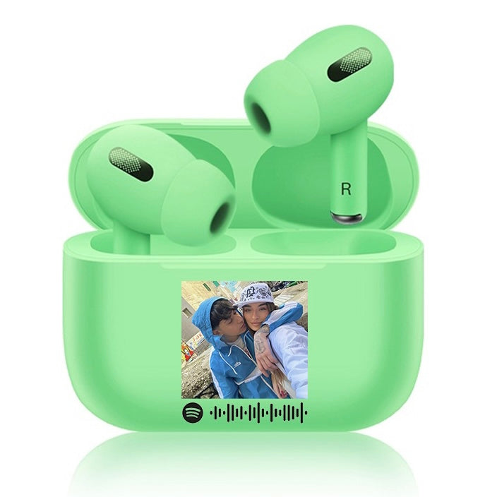 Cuffie Pro Bluetooth verde pastello con codice spotify e foto personalizzabile