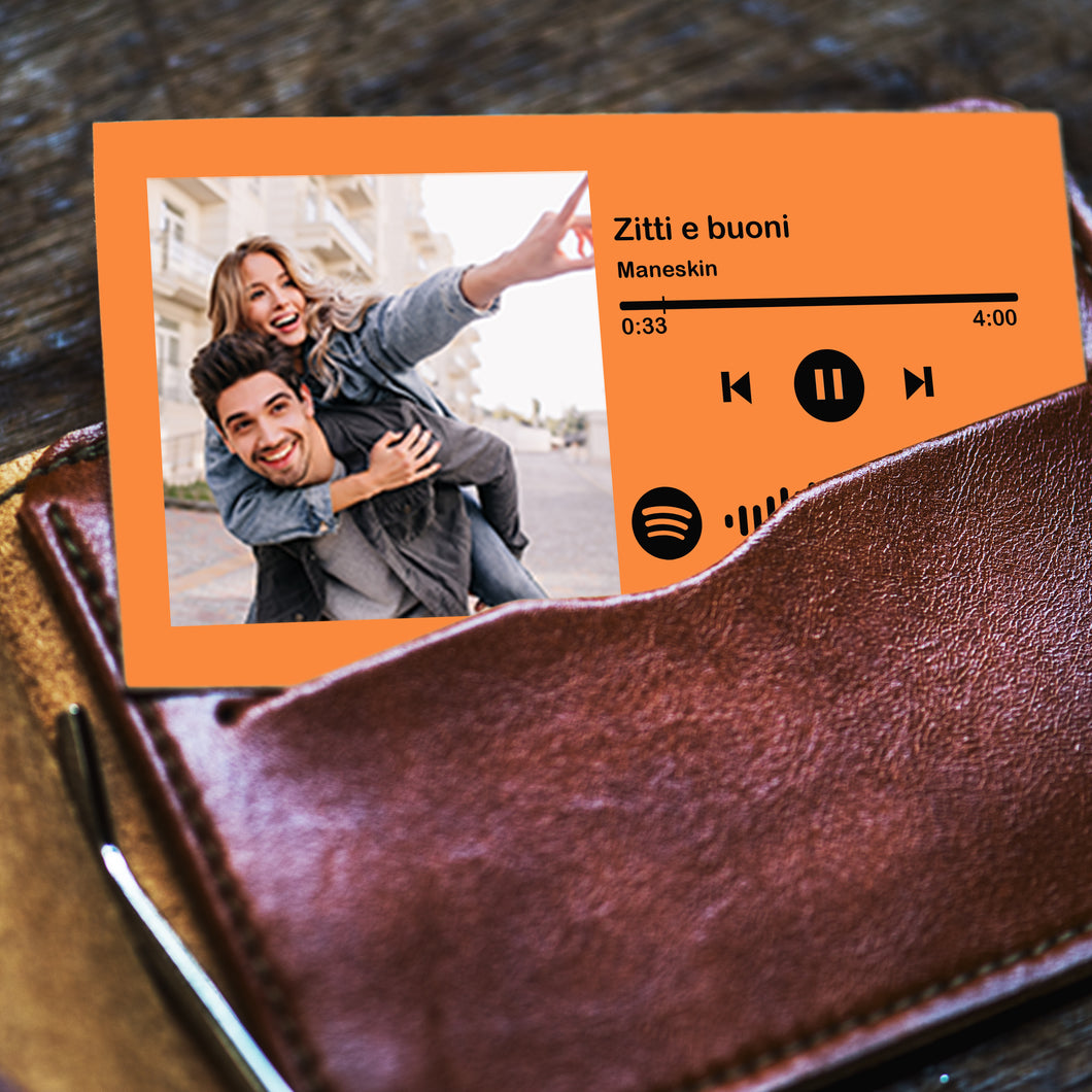 Card arancione da portafogli con codice spotify e foto personalizzabile 8,5x5,5