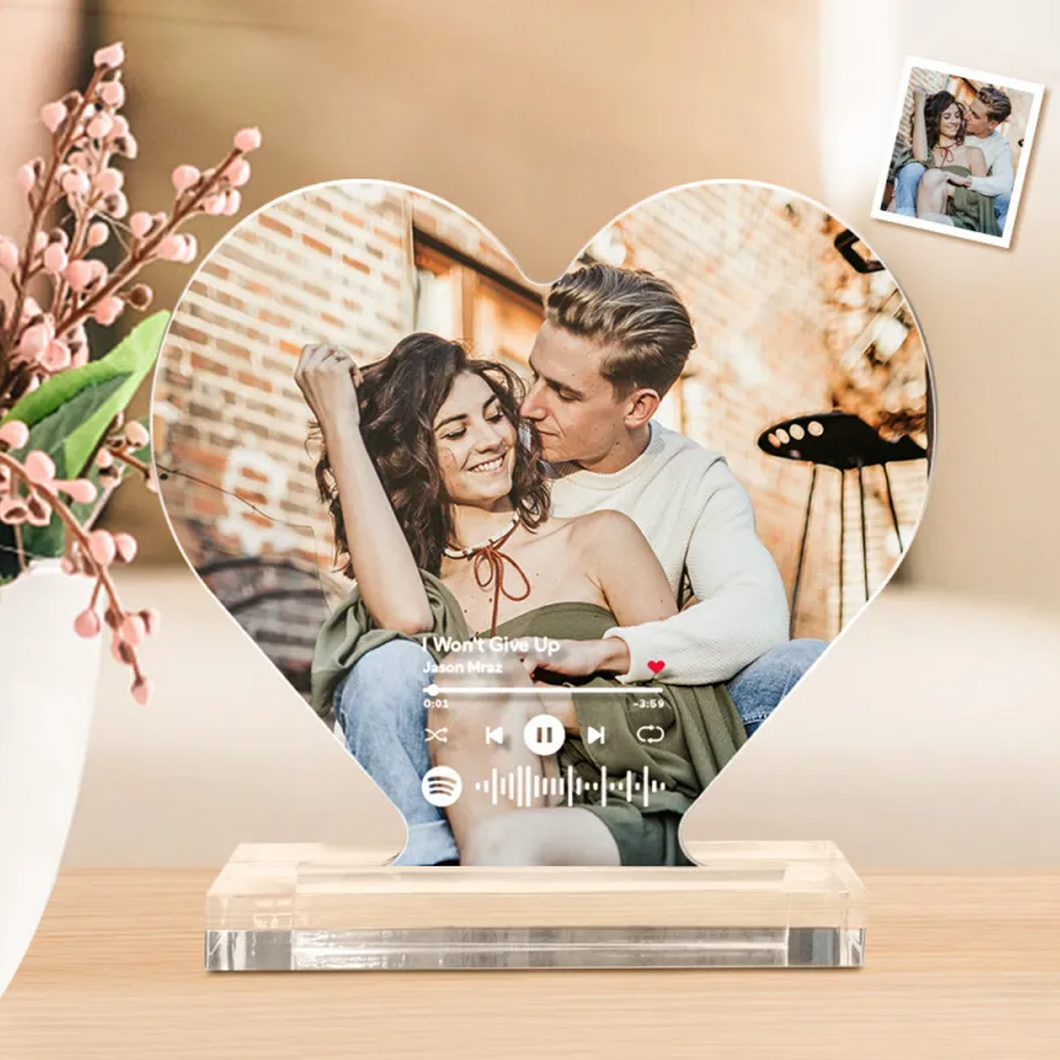 Targa a forma di cuore con base e codice spotify con foto personalizzabile 15cm x 18 cm