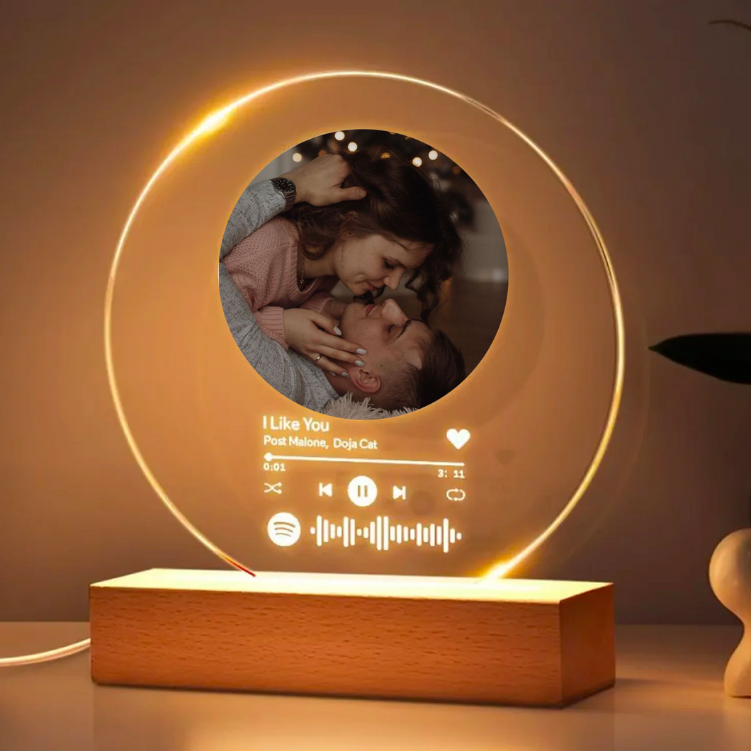 Targa tonda con base in legno a led e codice spotify con foto personalizzabile