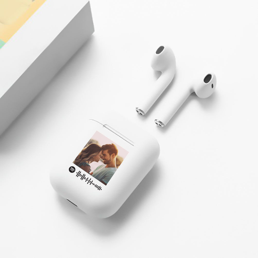 Cuffie Bluetooth bianco pastello con codice spotify e foto personalizzabile