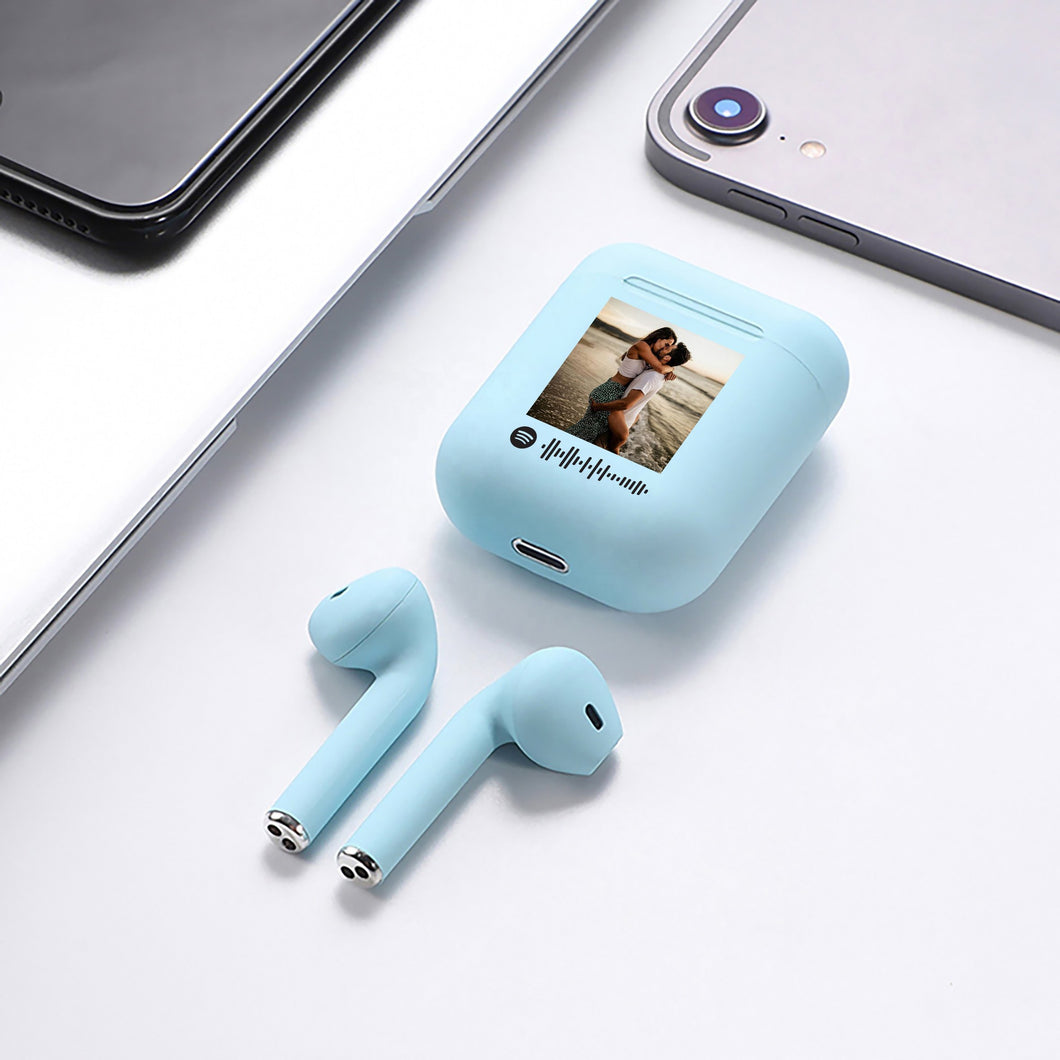 Cuffie Bluetooth celeste pastello con codice spotify e foto personalizzabile