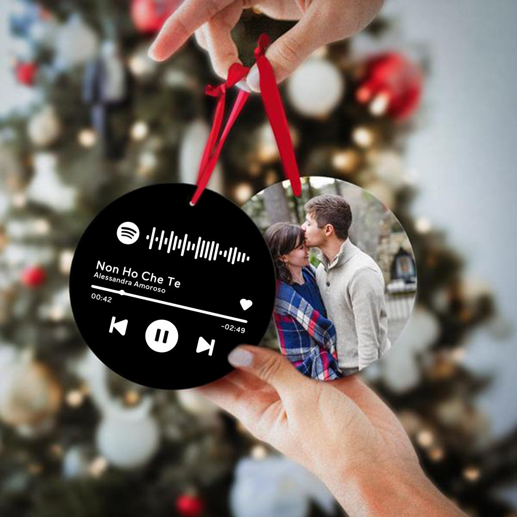 Decoro natalizio nero tondo con codice Spotify e foto personalizzabile