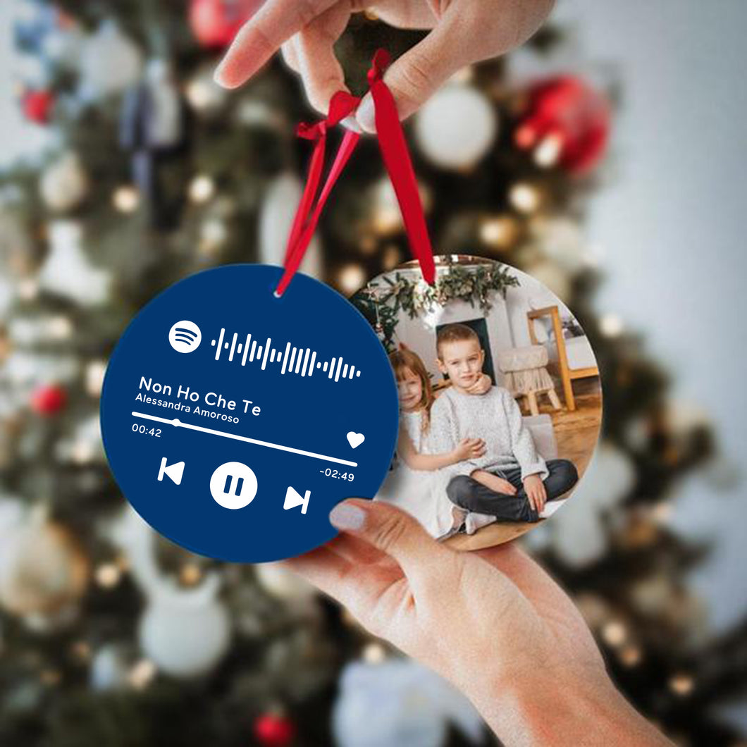 Decoro natalizio blu tondo con codice Spotify e foto personalizzabile