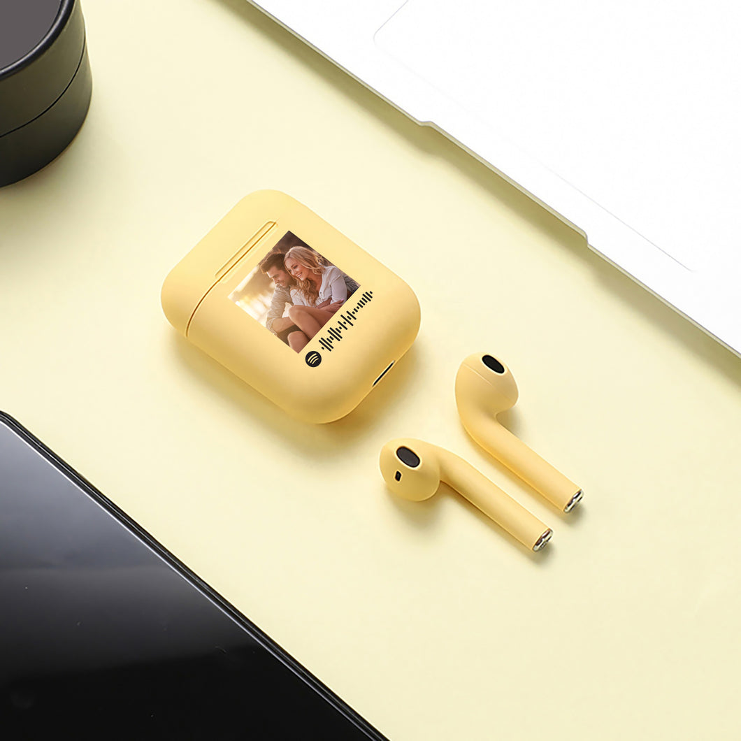 Cuffie Bluetooth giallo pastello con codice spotify e foto personalizzabile
