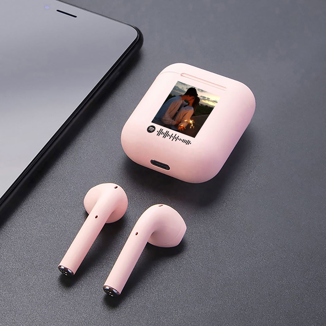 Cuffie Bluetooth rosa pastello con codice spotify e foto personalizzabile