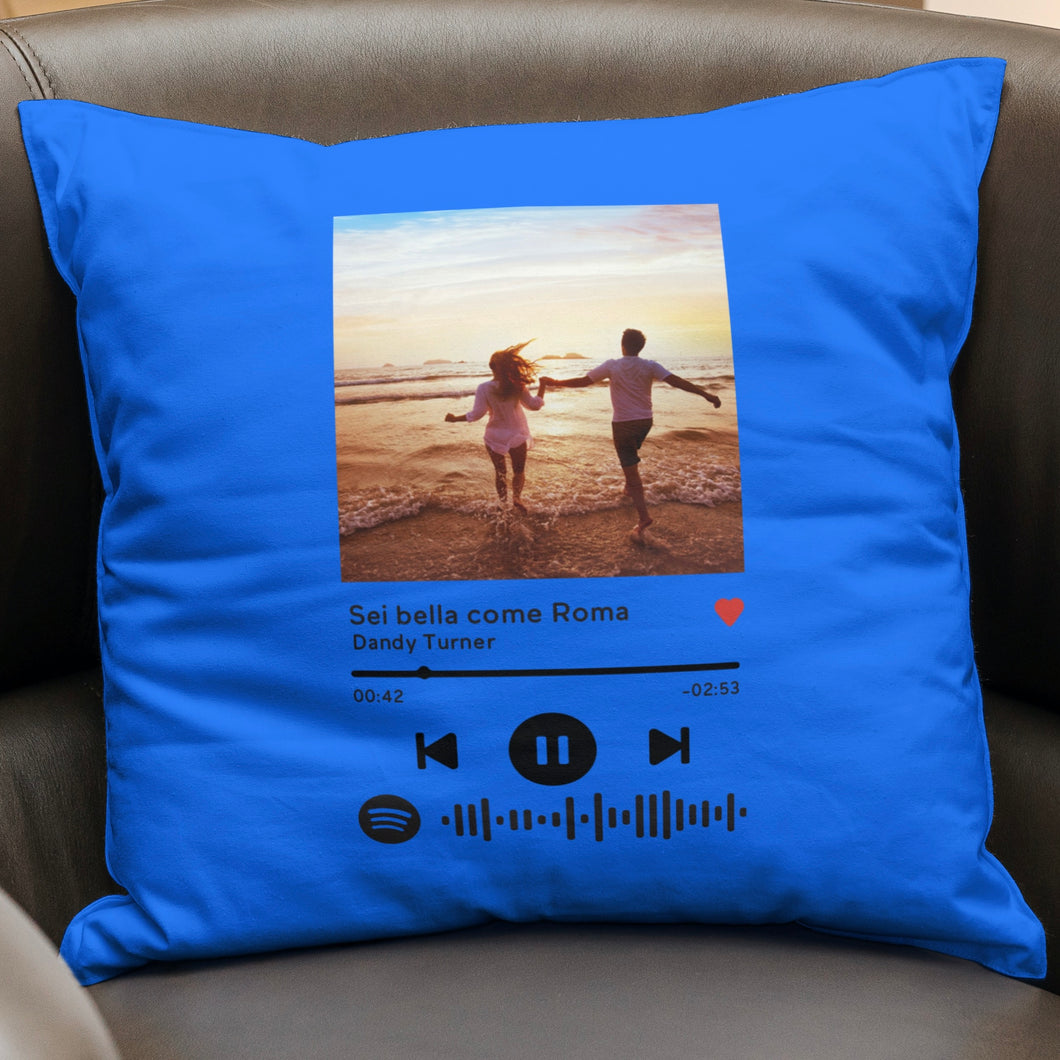 Cuscino blu con codice spotify e foto personalizzabile 40 cm x 40 cm