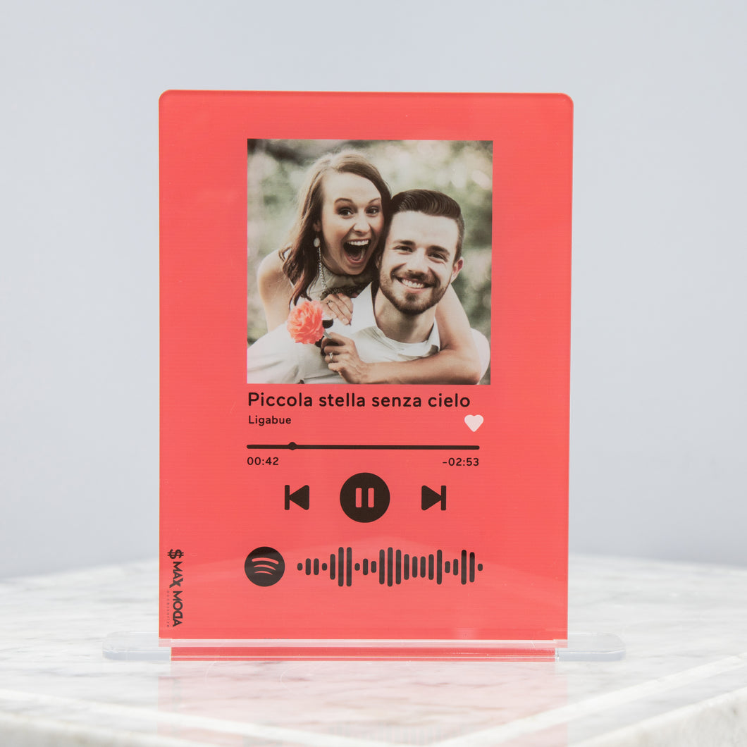 Targa rossa con base e codice spotify con foto personalizzabile 15cm x 20cm