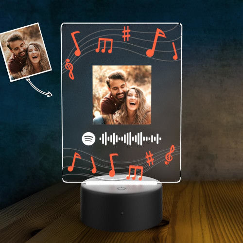 Targa a tema note con base a led e codice spotify con foto personalizzabile 15cm x 20cm