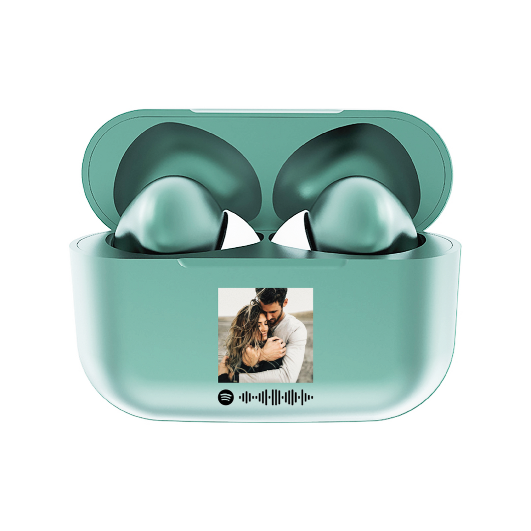 Cuffie Pro Bluetooth verde pastello con codice spotify e foto personalizzabile