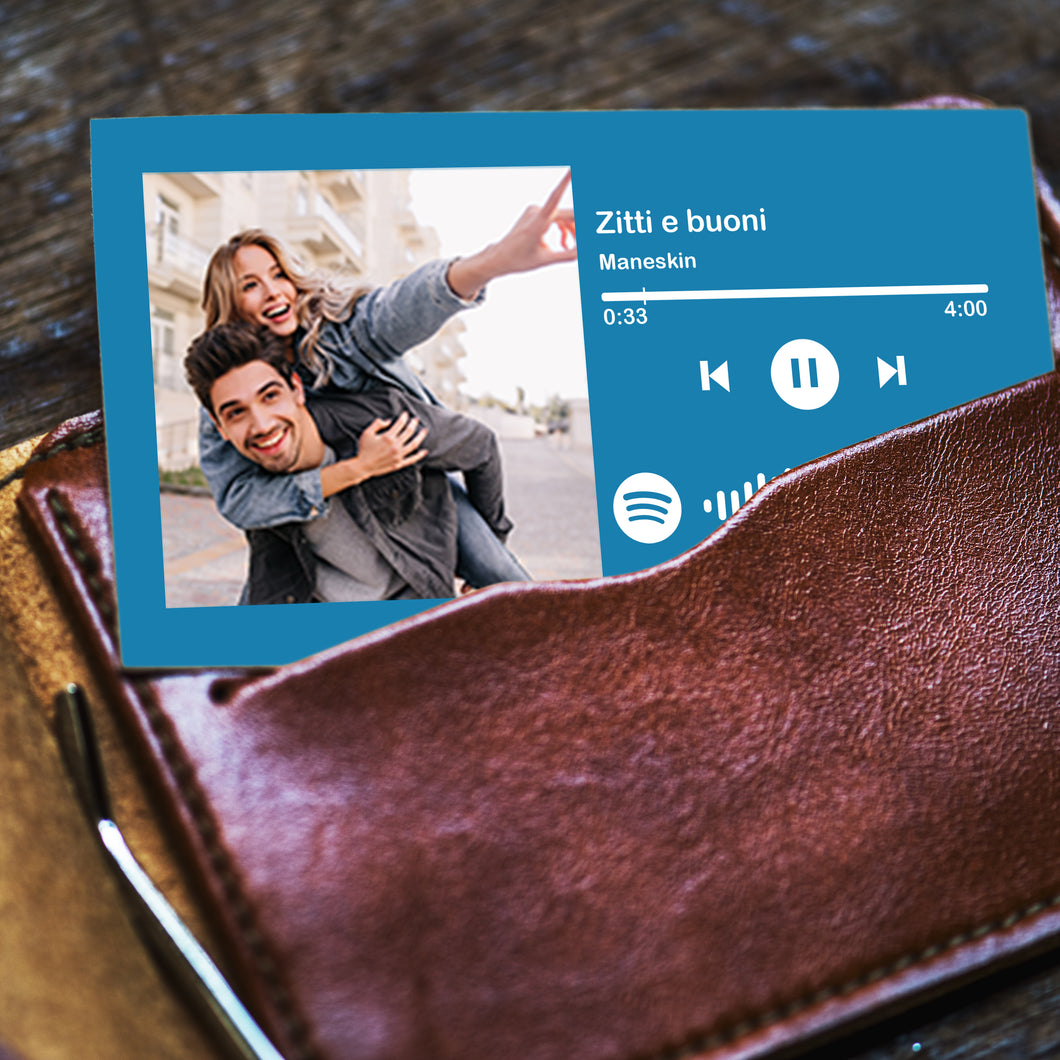 Card azzurra da portafogli con codice spotify e foto personalizzabile 8,5x5,5