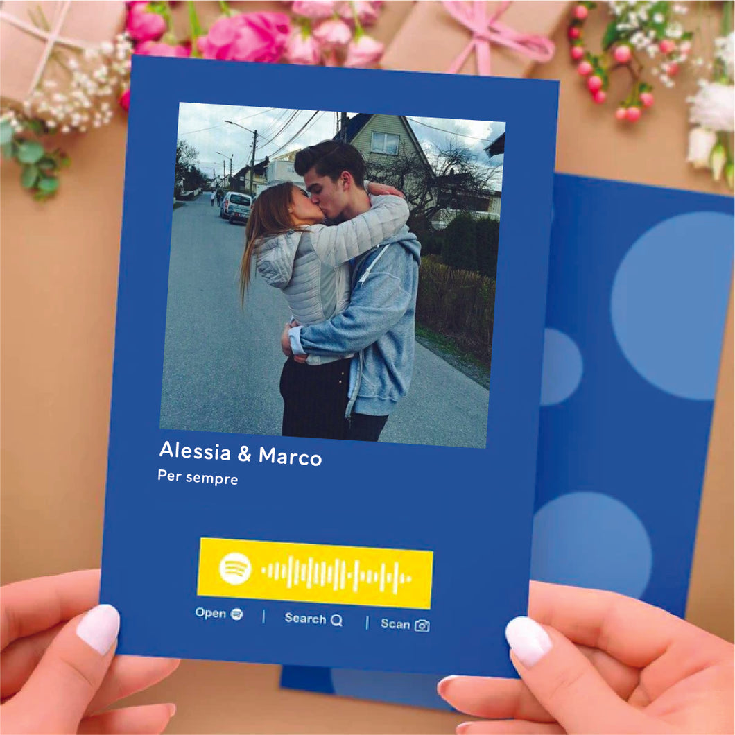 Cartolina blue con foto e codice spotify personalizzabile