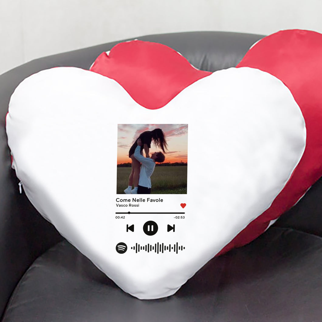 Cuscino a forma di cuore con codice spotify e foto personalizzabile 35 cm x 35 cm con retro rosso