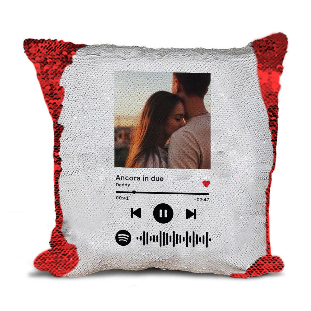 Cuscino Pailletes Rosso con codice spotify e foto personalizzabile 40 cm x 40 cm