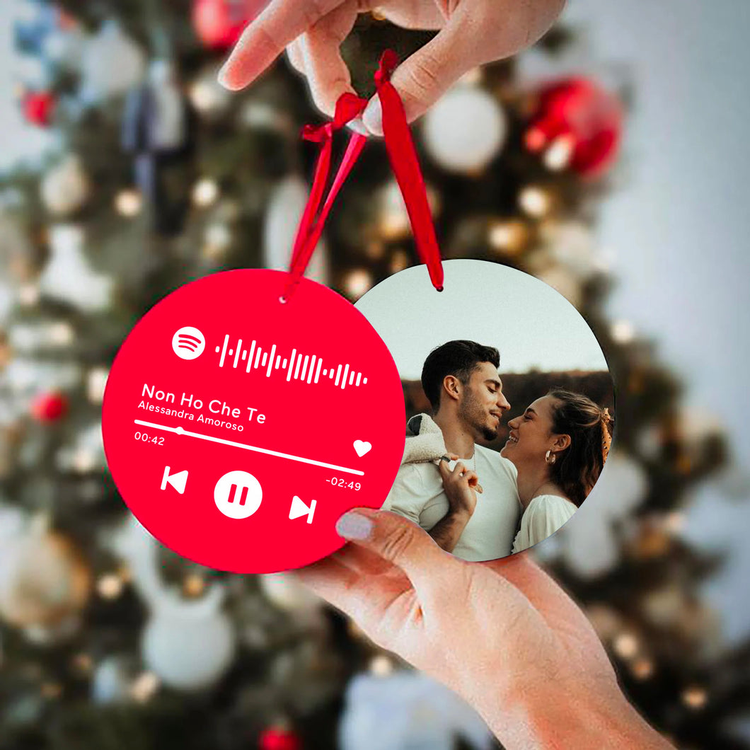 Decoro natalizio rosso tondo con codice Spotify e foto personalizzabile