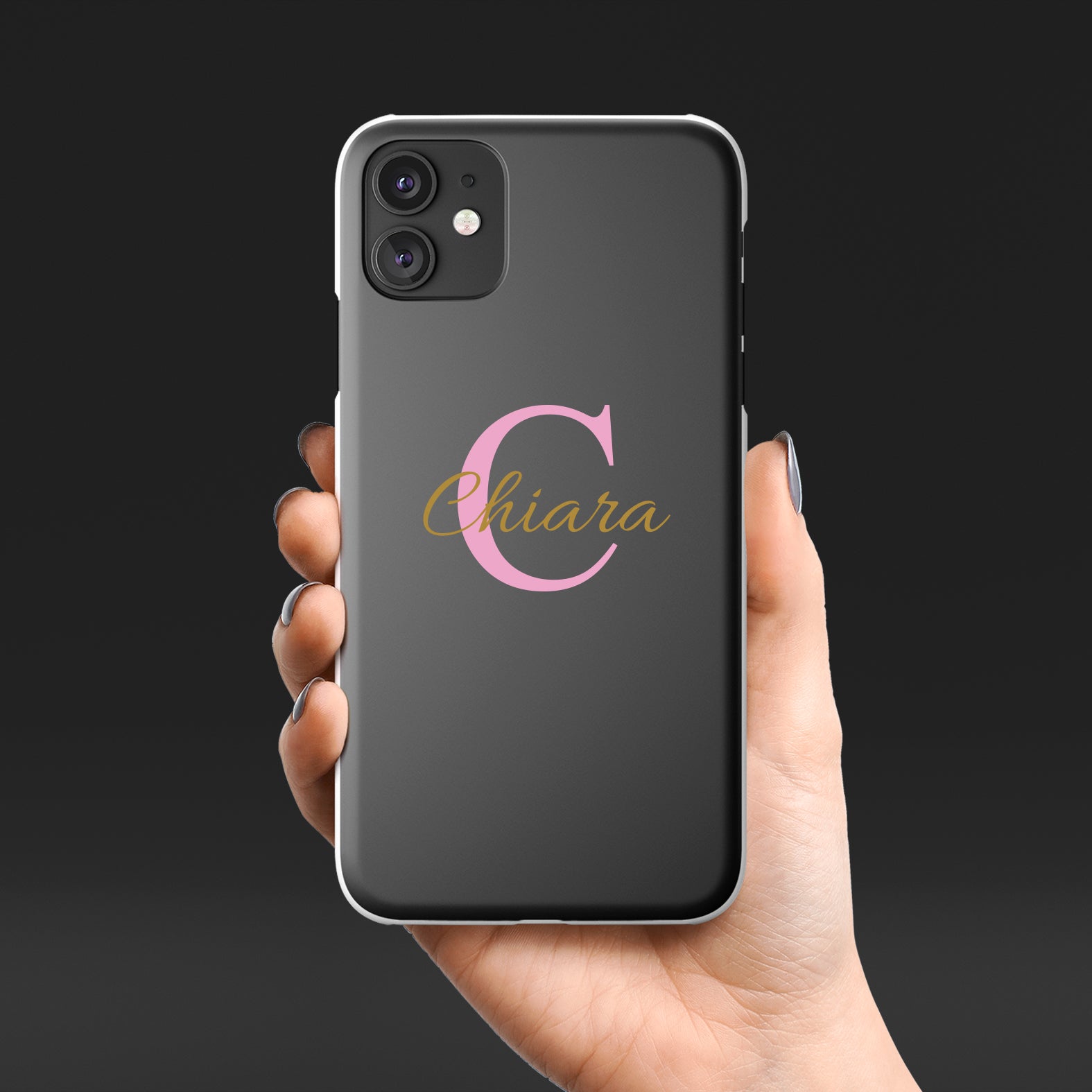 Custodia per cellulare in pelle marrone con ricamo arancio e botton