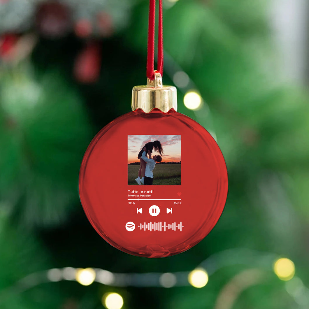 Pallina di natale rossa con codice Spotify e foto personalizzabile