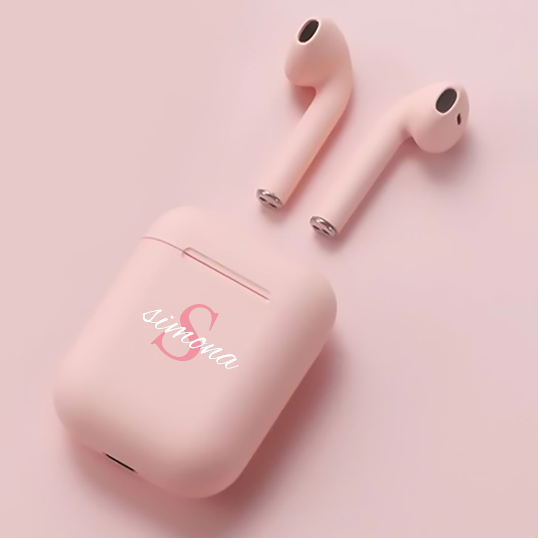Cuffie Bluetooth rosa pastello con lettera e nome personalizzabile