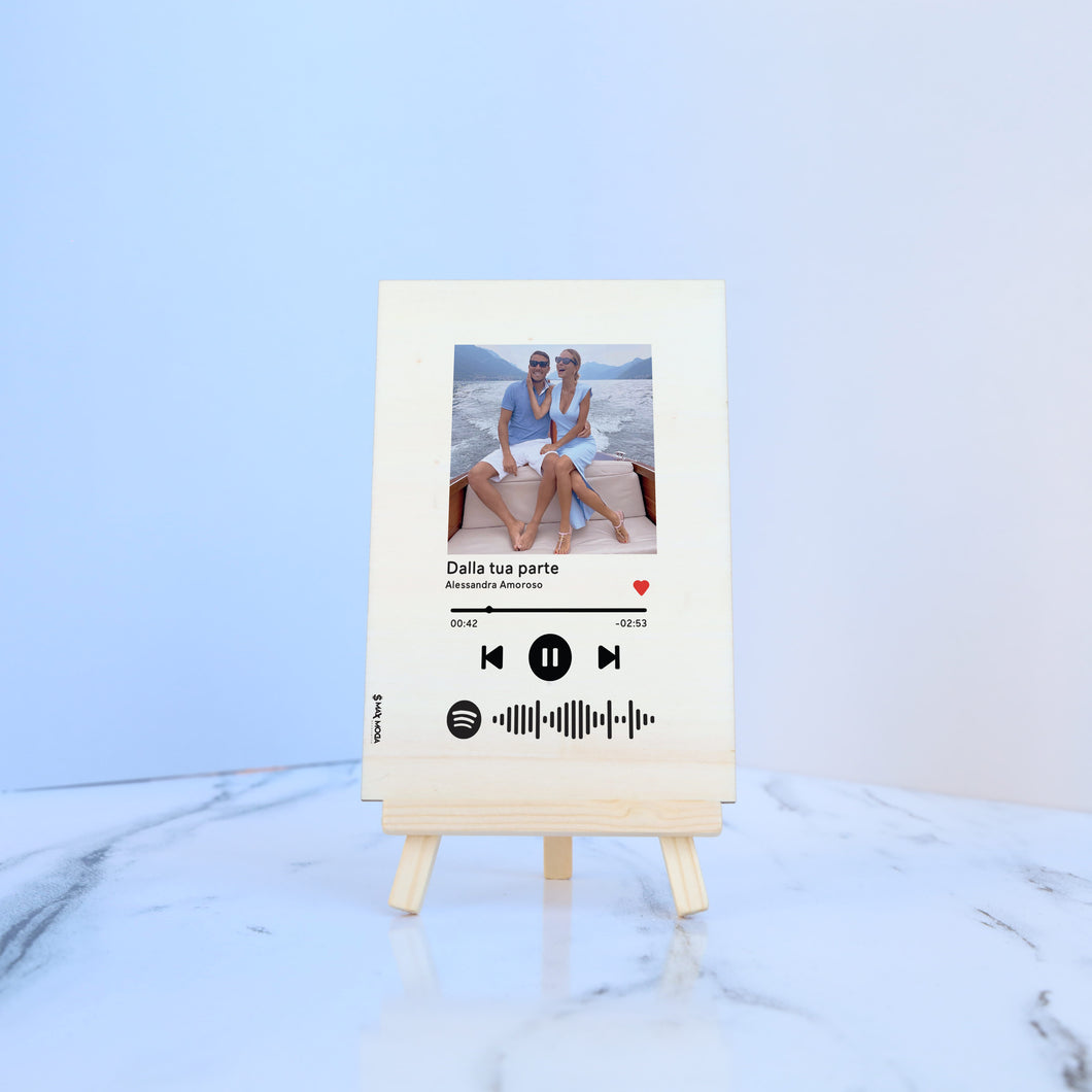 Targa in legno con stand in legno e codice spotify con foto personalizzabile 10cm x 15cm
