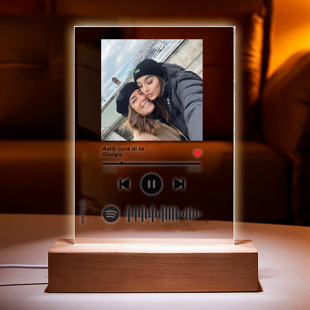 Targa con base in legno a led e codice spotify con foto personalizzabile 15cm x 20cm