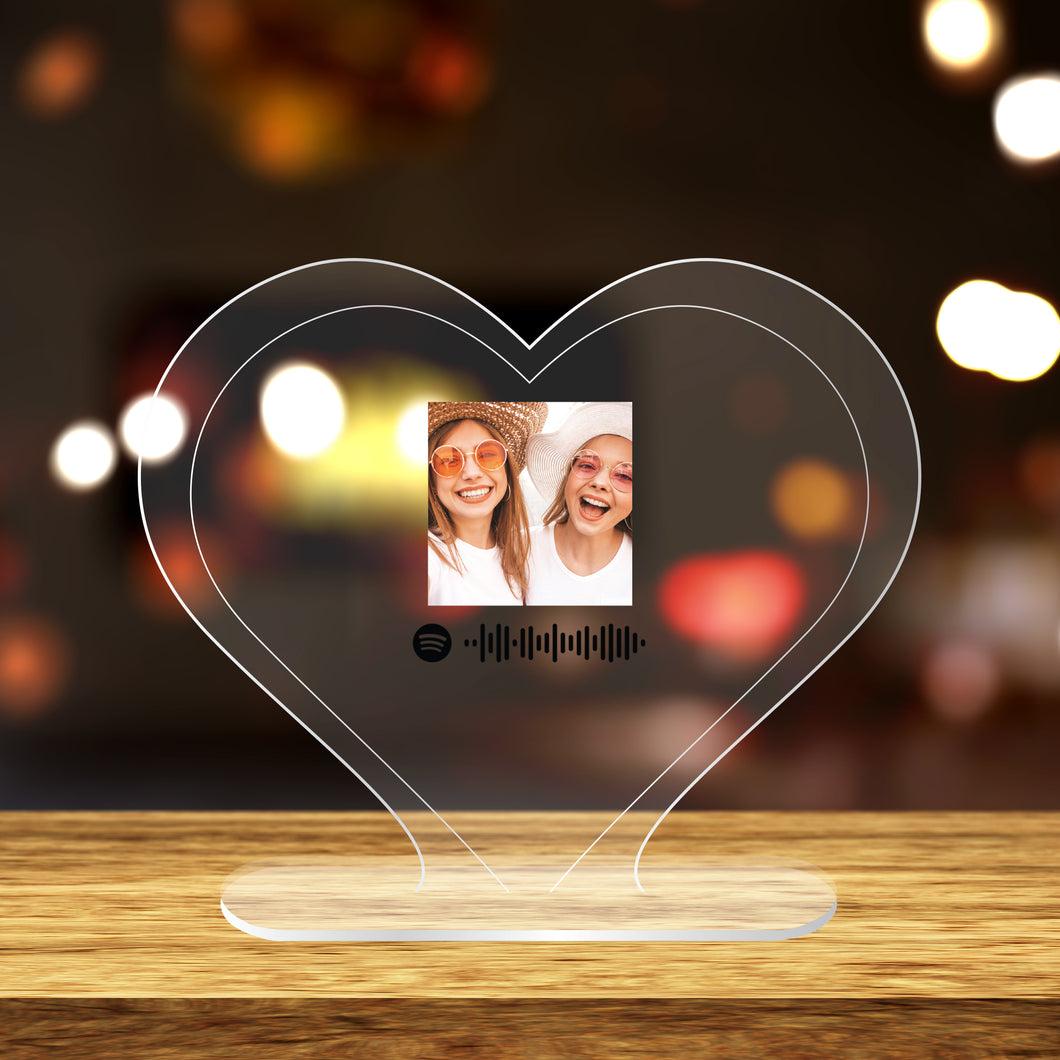 Targa a forma di cuore con base e codice spotify con foto personalizzabile 15cm x 18 cm